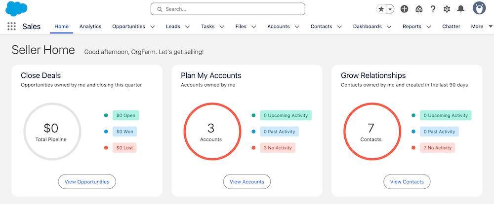 An example Sales Welcome page with the SLDS 2 built-in theme, Salesforce Cosmos, enabled showing rounded edges and buttons plus brighter colors