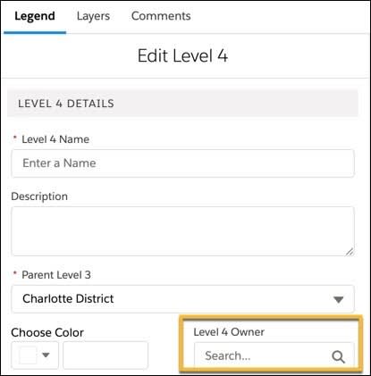 Se muestra el cuadro de detalles Legend, level 4 (Leyenda, nivel 4) con el propietario del nivel 4 seleccionado.