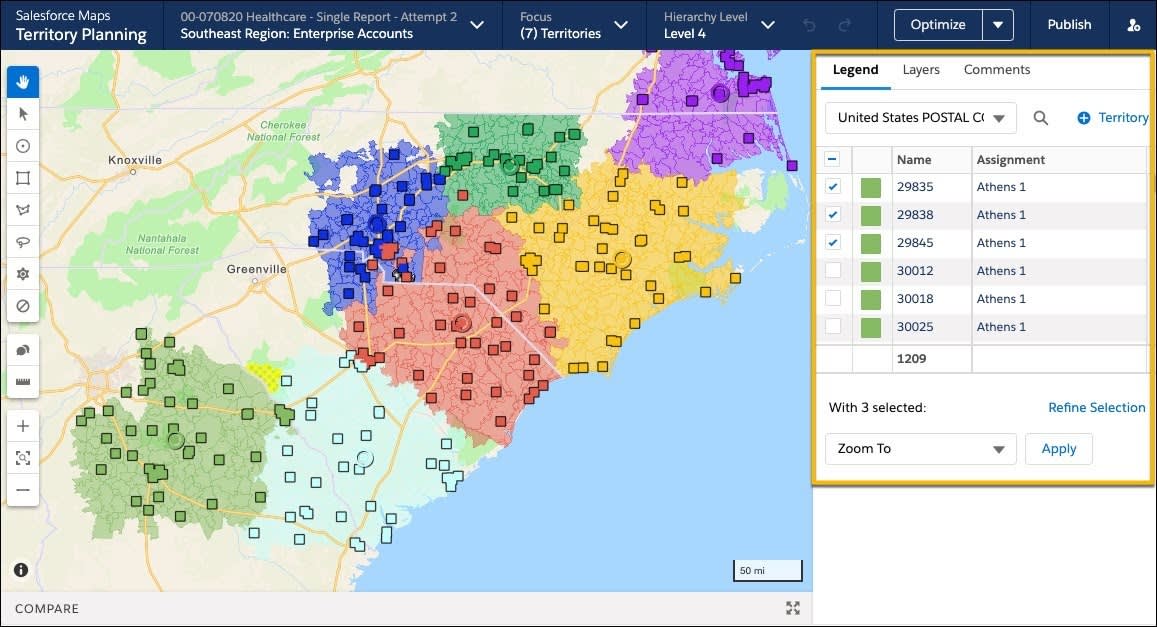 マップビューがあり、南東部のテリトリーが異なる色で強調表示されている [Territory Planning (テリトリープランニング)] インターフェース。テリトリーの凡例が表示されている右側のパネル。