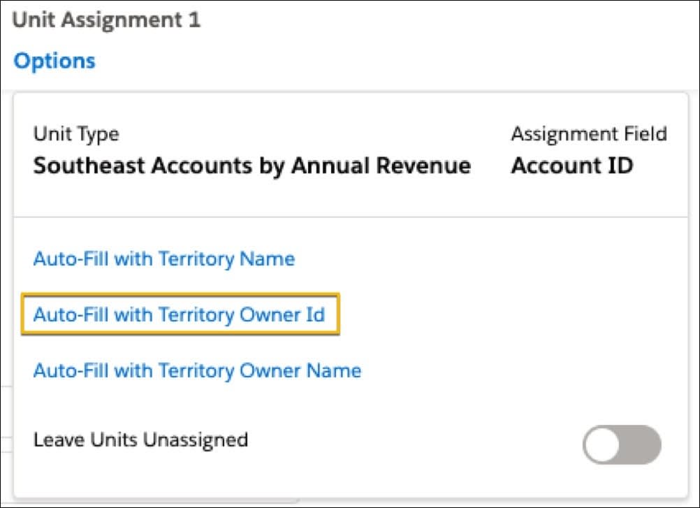 Se muestran las opciones de Id. de asignación y el campo Auto-Fill with Territory Owner Id (Completar automáticamente con el Id. del propietario del territorio) está resaltado.