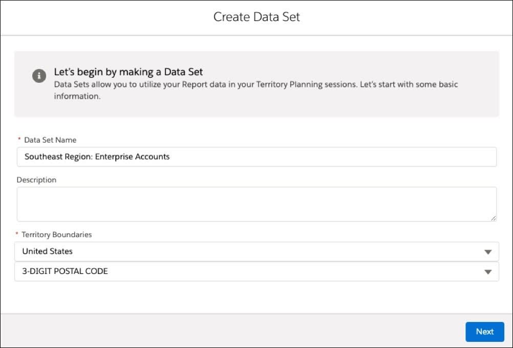 データセットの名前が Southeast Region: Enterprise Accounts (南東地域: 企業取引先) と入力され、説明は空白で、テリトリー境界として [United States (米国)] と [3-Digit Postal Code (3 桁の郵便番号)] が表示されている [Configure Data Set (データセットを設定)] メニュー。