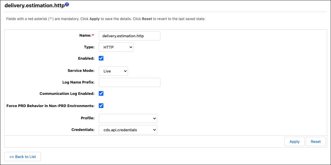 Service Configuration page showing entries for the delivery estimation service connection.
