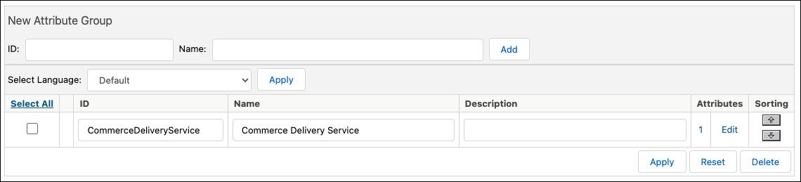 New Attribute Group page showing entries for the Commerce Delivery Service group.
