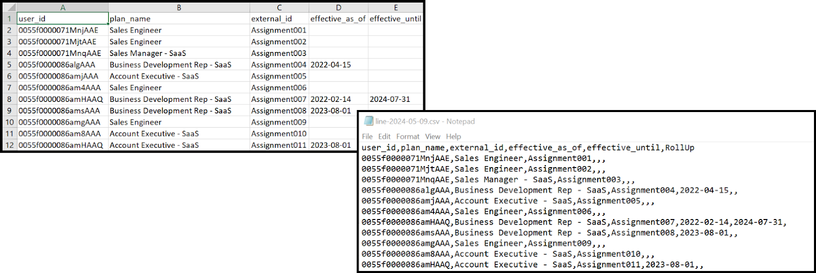 An example of the text editor and Excel file end result