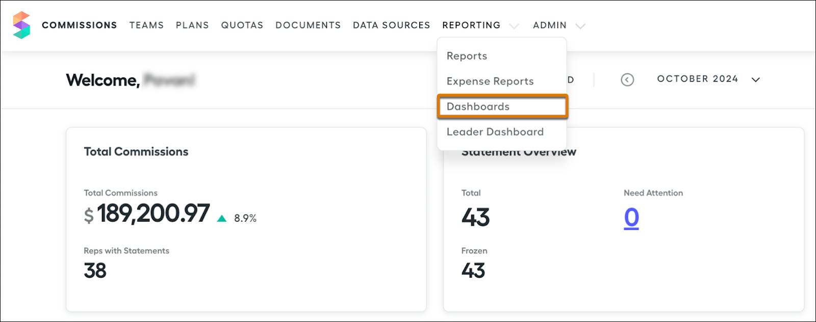 The Dashboards option in the Reporting menu.