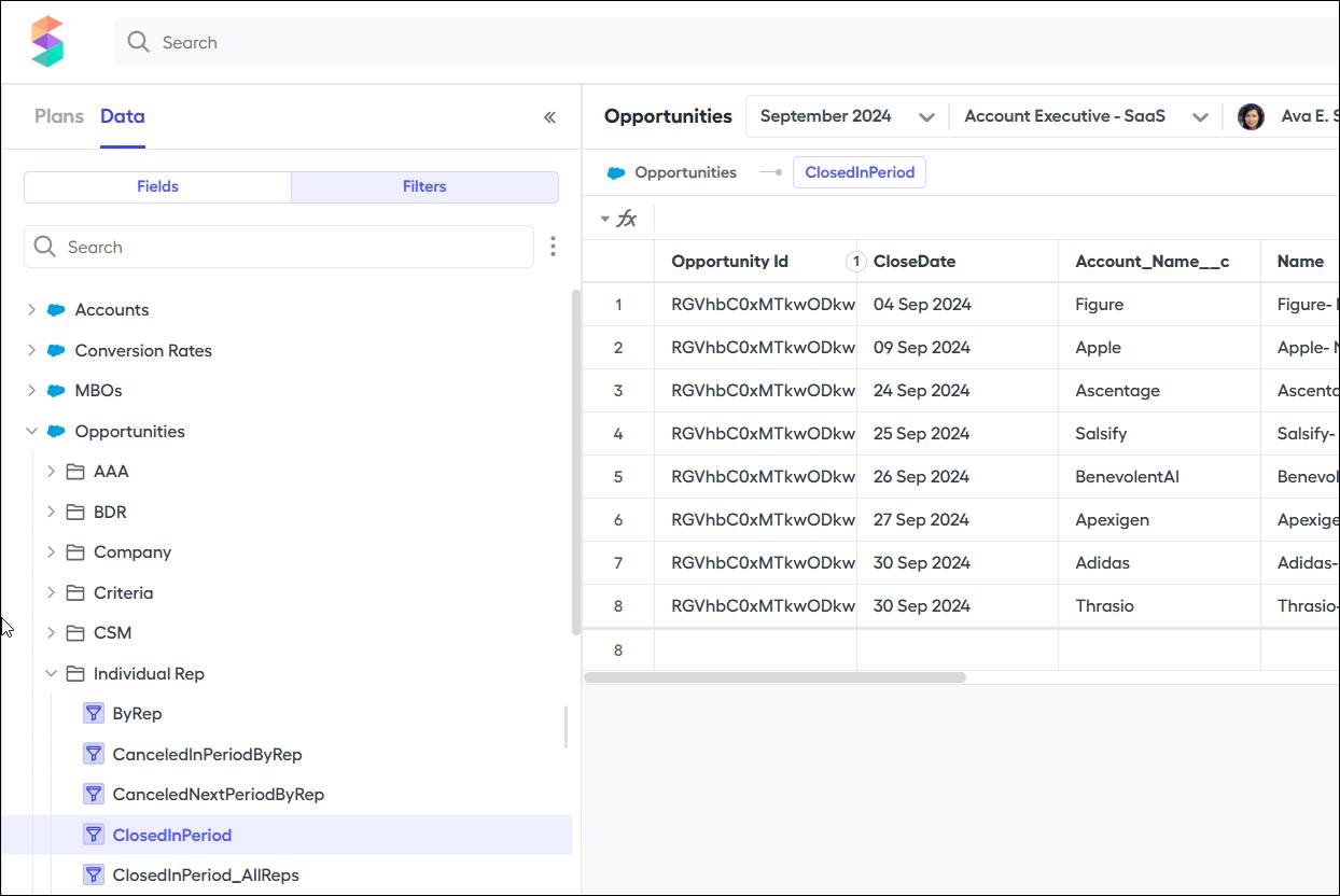 Spiff Designer is shown, with the left panel set to the Data Filters tab.