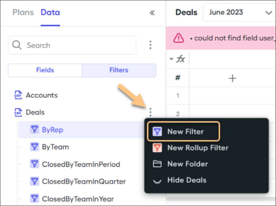 The New Filter option is highlighted in the menu on the Deals object.