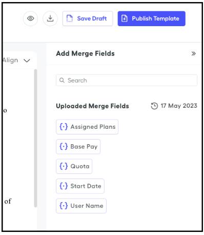 The right panel with fields uploaded in the Merge Fields template.
