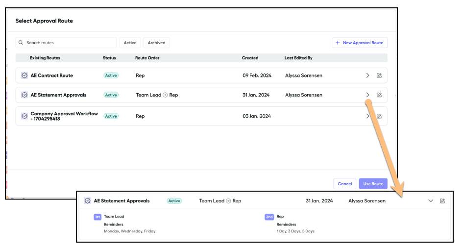 Dropdown options on the Select Approval Route page.