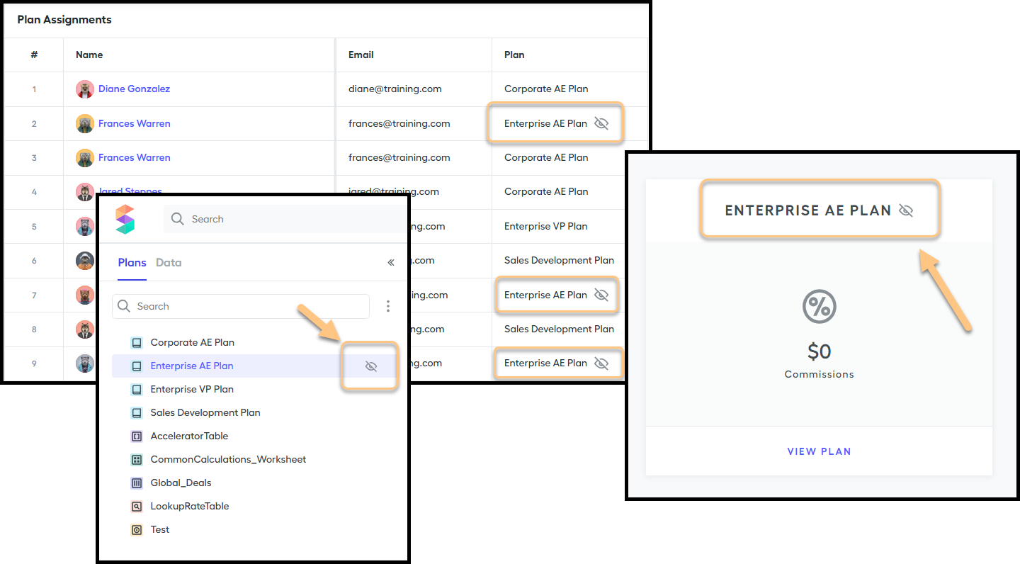 screenshots showing where the hidden plan icon shows in Spiff and in Designer