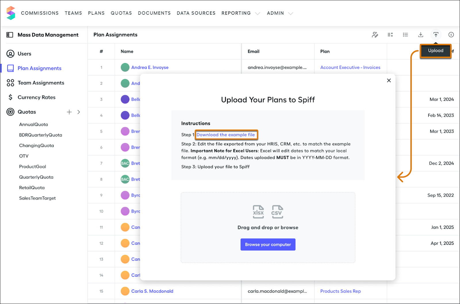 The Upload Your Plans to Spiff window, highlighting the option to download the example file.