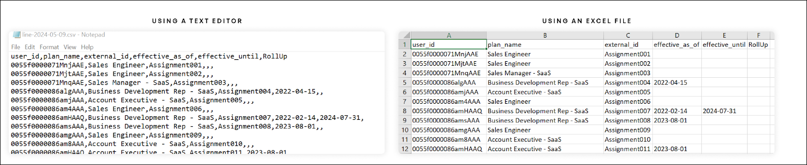 The prepared file displayed in a text editor and in Excel.