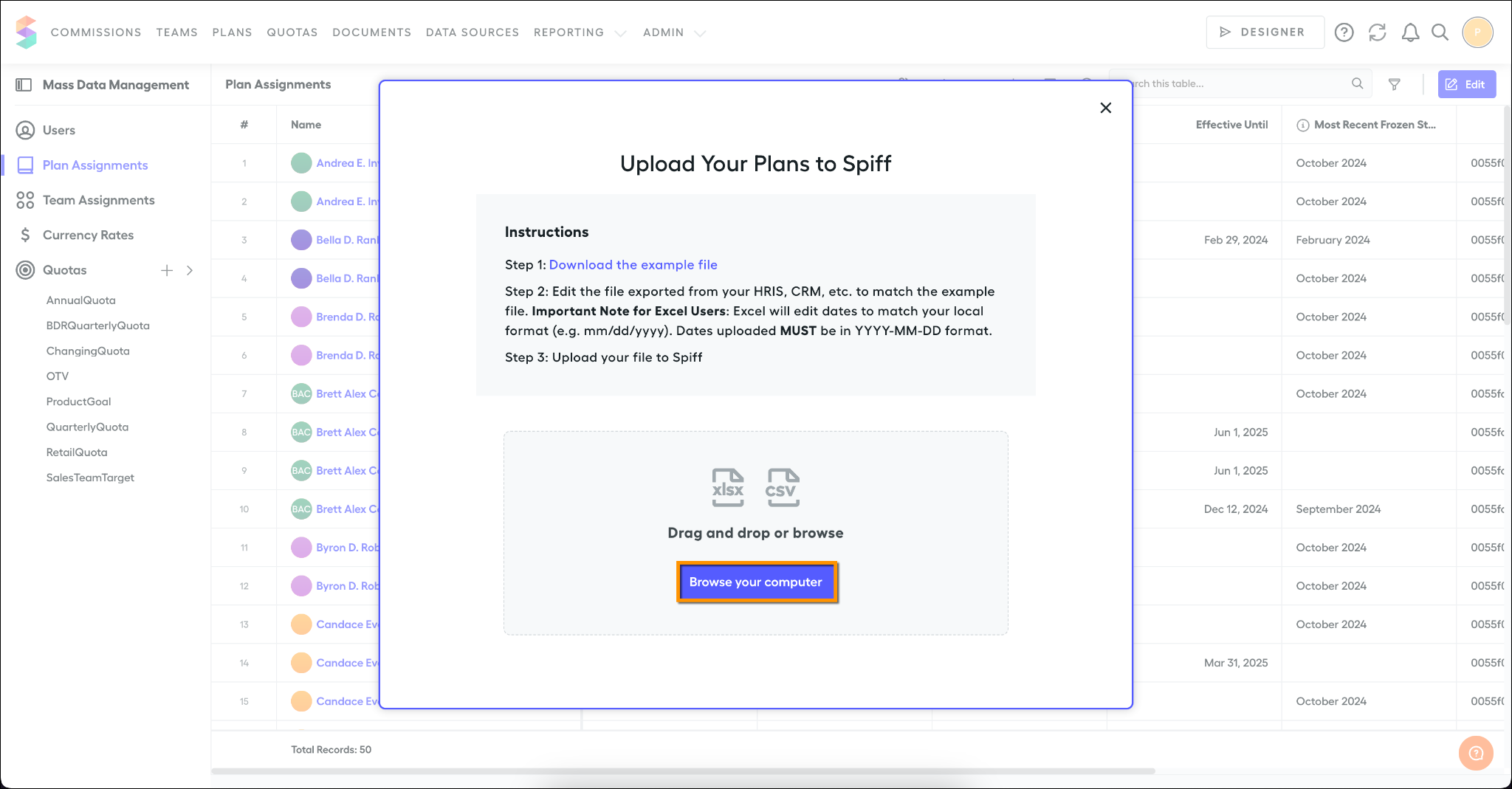 The Plan Assignments page with the option to upload the file from the computer.