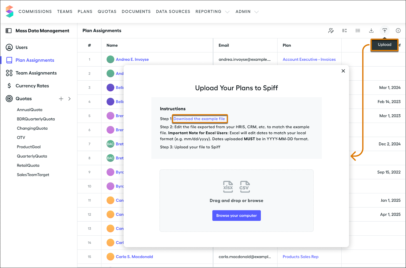 The Upload Your Plans to Spiff window, highlighting the option to download the example file.