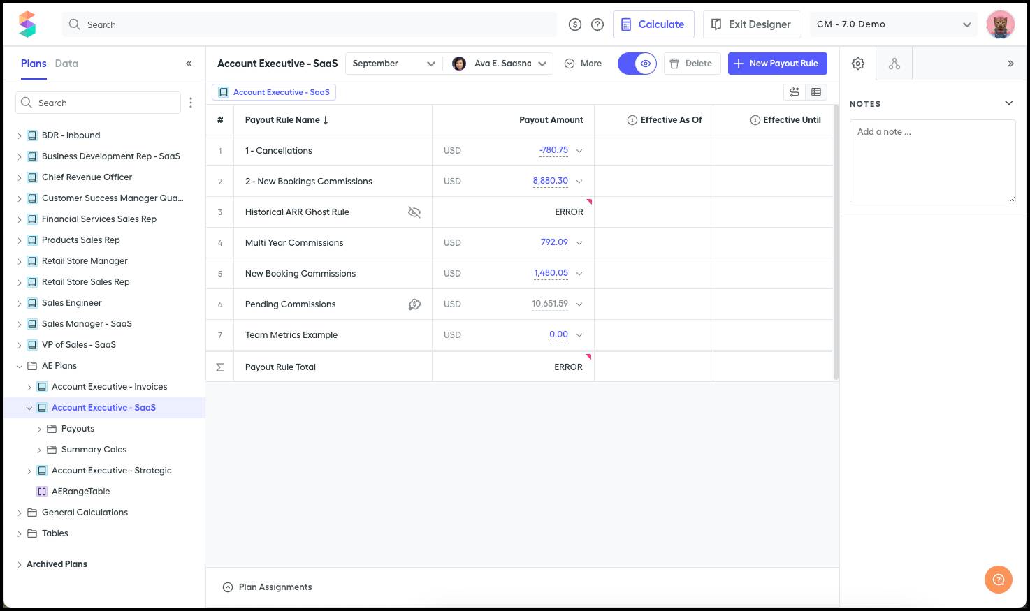 Salesforce Spiff の [Plans (プラン)] ページの画像