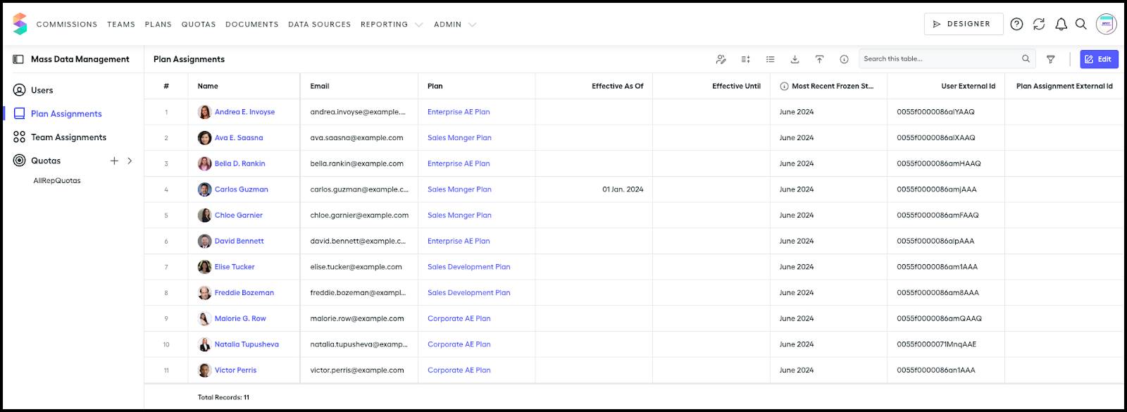 Plan assignments page.