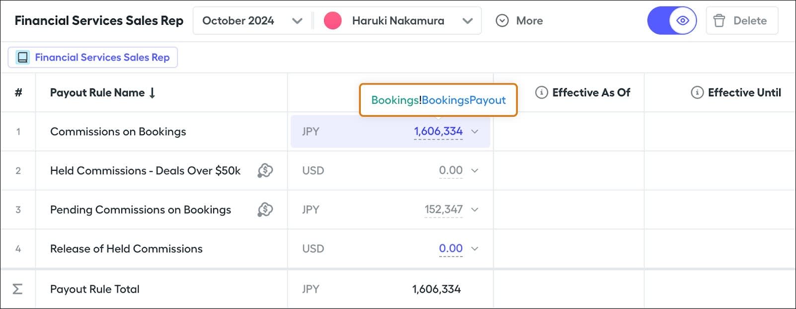 The Payout rule highlighted, prompting the user to click and determine the commission calculation type.