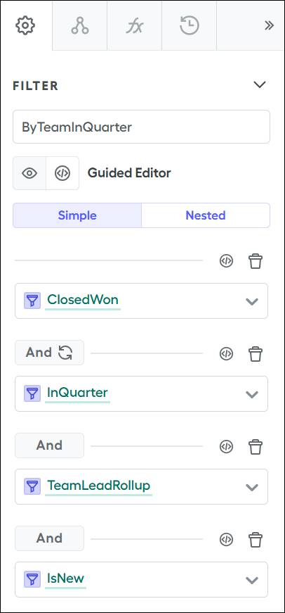 The ByTeamInQuarter data filter pane with available sub-filters.