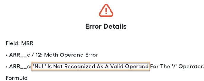 Error message saying null is not recognized as a valid operand.