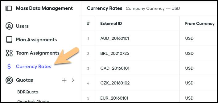 Currency Rates option highlighted in Mass Data Management.