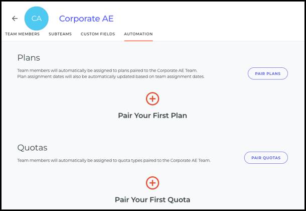 コーポレート AE のチームカードの [Automation (自動化)] タブにプランと目標が表示されています。