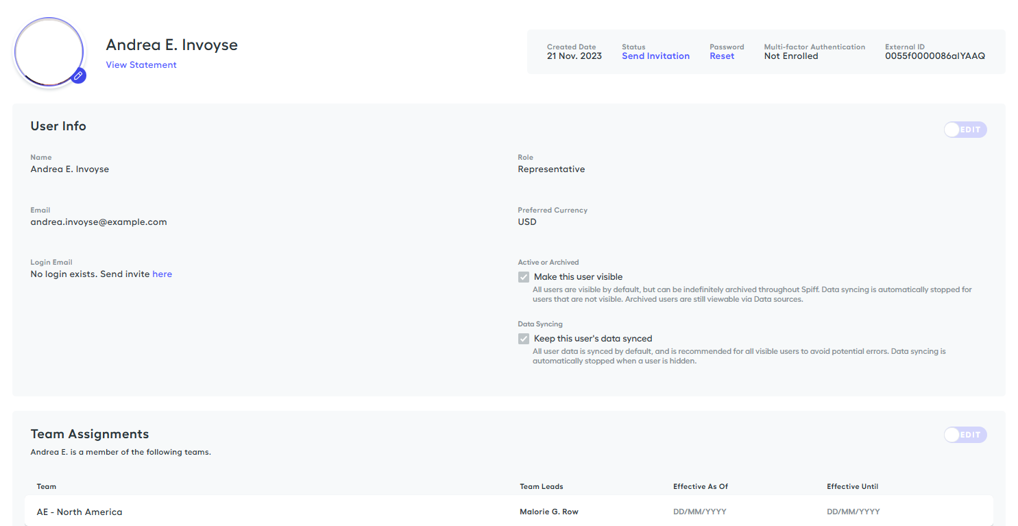 The user profile page of a sample user.