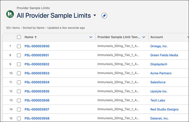 Provider Sample Limits related list displays a list of sample limits assigned to various accounts.
