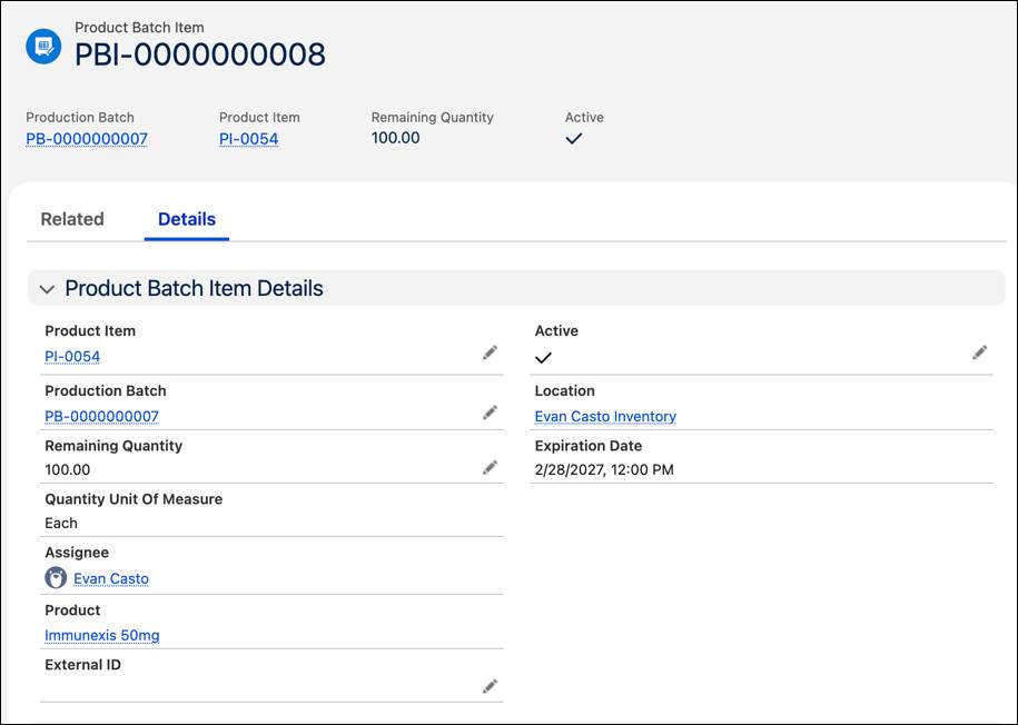 Product Batch Item record.