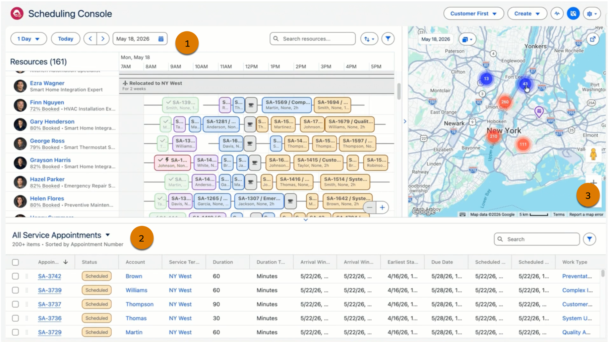 The Scheduling Console interface with the three workspaces highlighted—the Gantt, the Service Appointment List, and the Map.