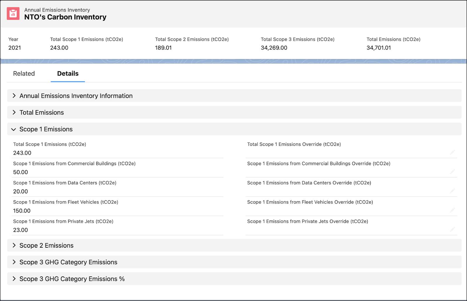 NTO’s Carbon Inventory record with sample data.