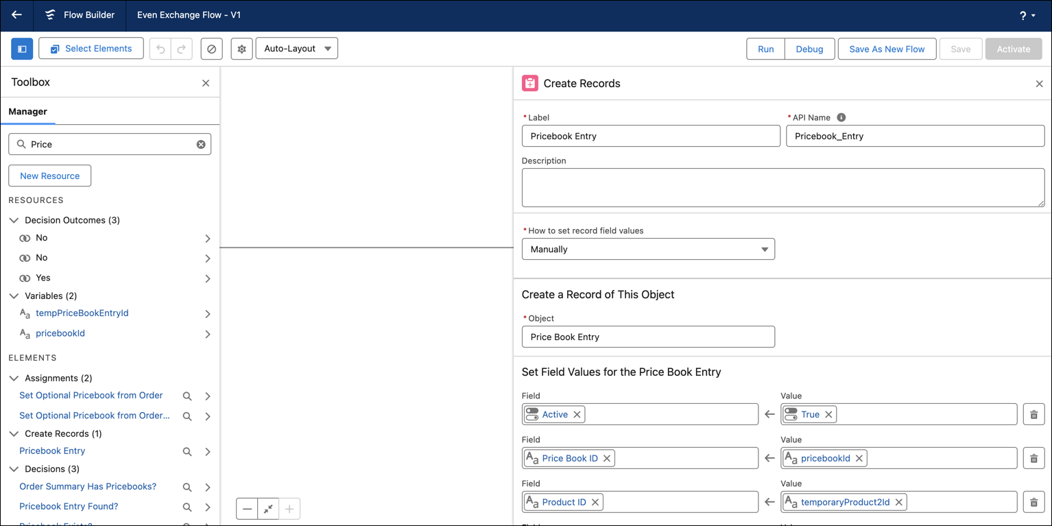In the Even Exchange flow, edit the Pricebook Entry record.