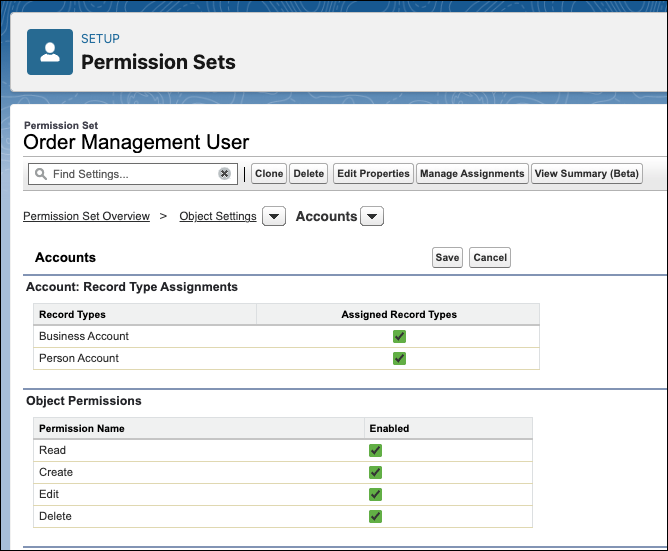 注文管理ユーザーのアクセスを制御する「OM Operations Manager (OM 業務マネージャー)」権限セットの作成。