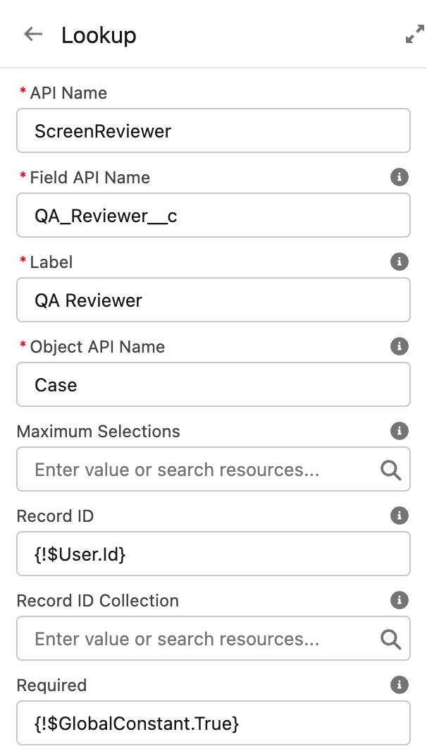 Le volet des propriétés de Lookup (Référence) avec la configuration correspondant aux étapes précédentes.