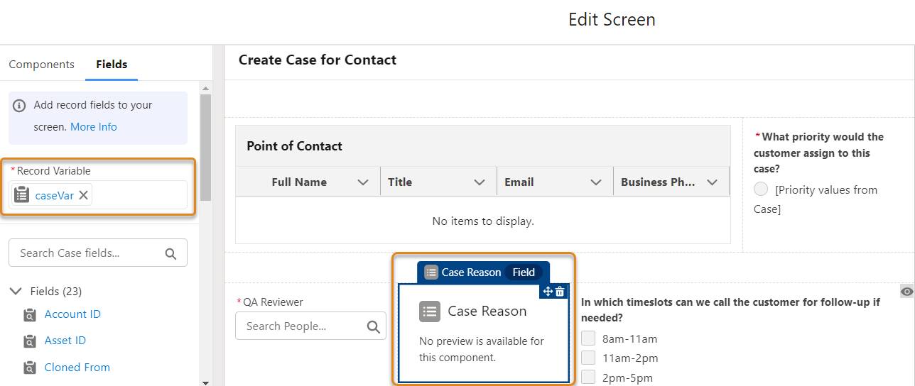Dans l’élément Create Case for Contact (Créer une requête pour un contact), le composant Case Reason Record Field (Champ d’enregistrement du motif de la requête) est associé à la variable d’enregistrement caseVar.