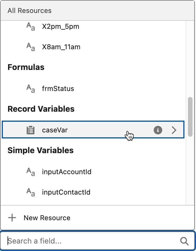 [Record Variables (レコード変数)] に caseVar が表示されているデータ要素の [Value (値)] リスト。