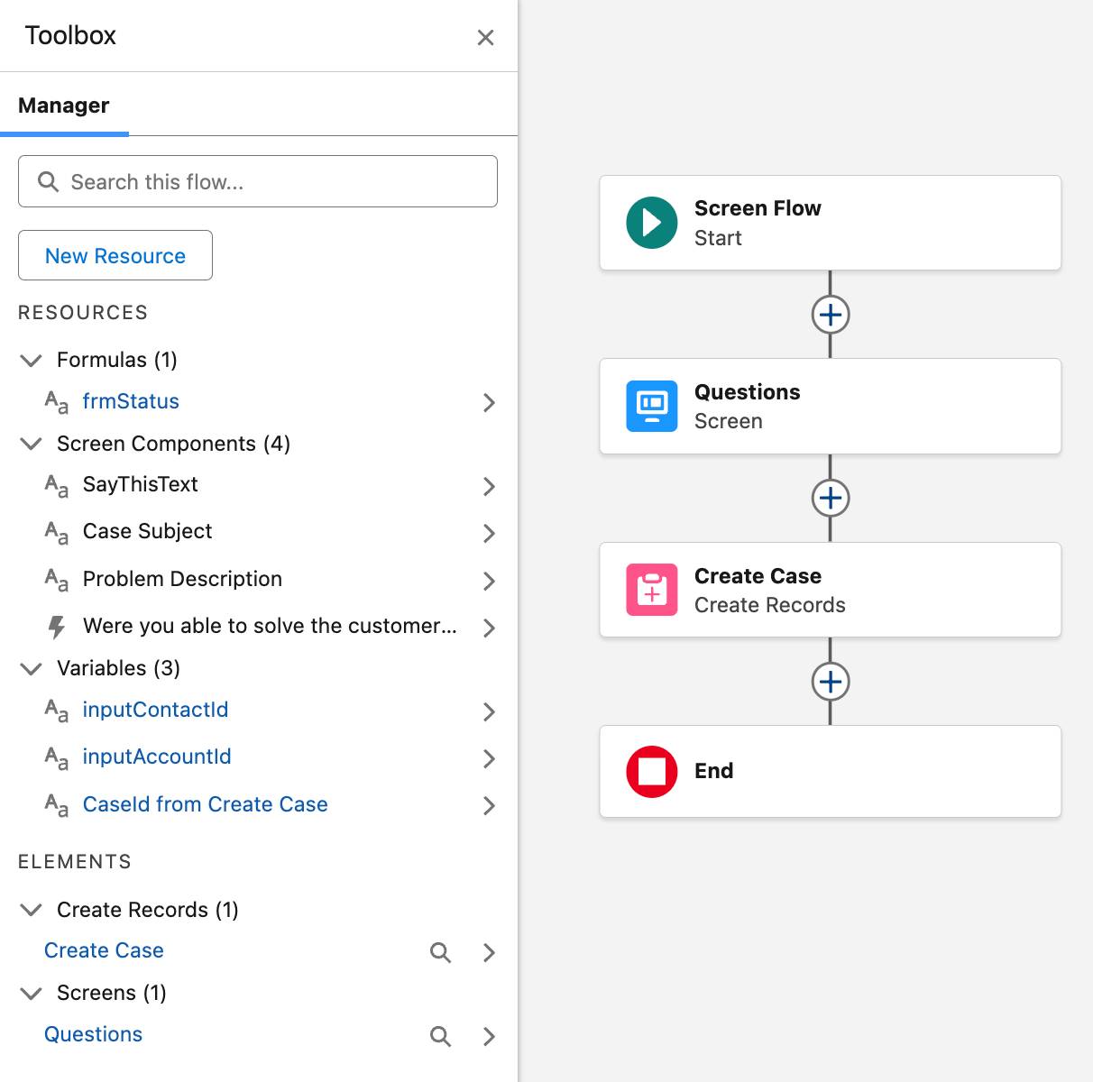 A Caixa de ferramentas e a tela do Flow Builder que correspondem às etapas anteriores.