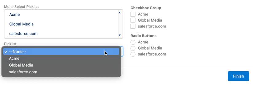 Three values presented as a picklist, radio buttons, a multi-select picklist, and a checkbox group.