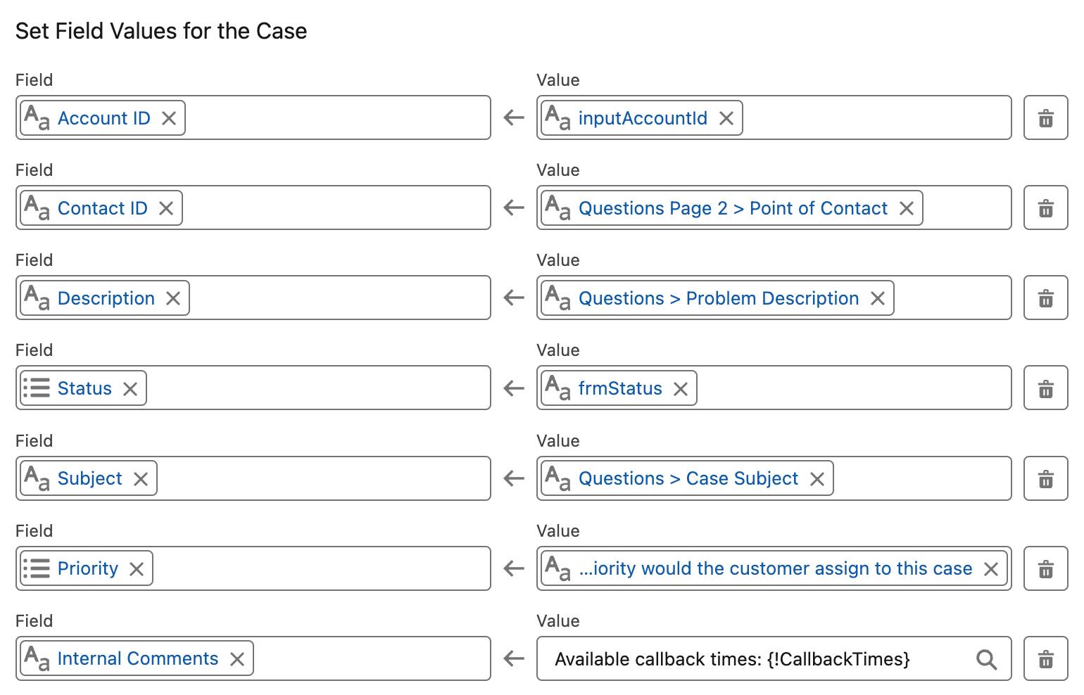 The Set Field Values for the Case section corresponding to the preceding steps.