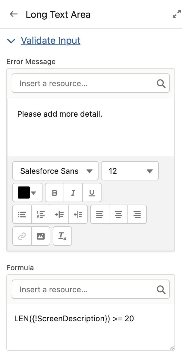 The sidebar’s Validate Input section, with settings corresponding to the preceding steps.