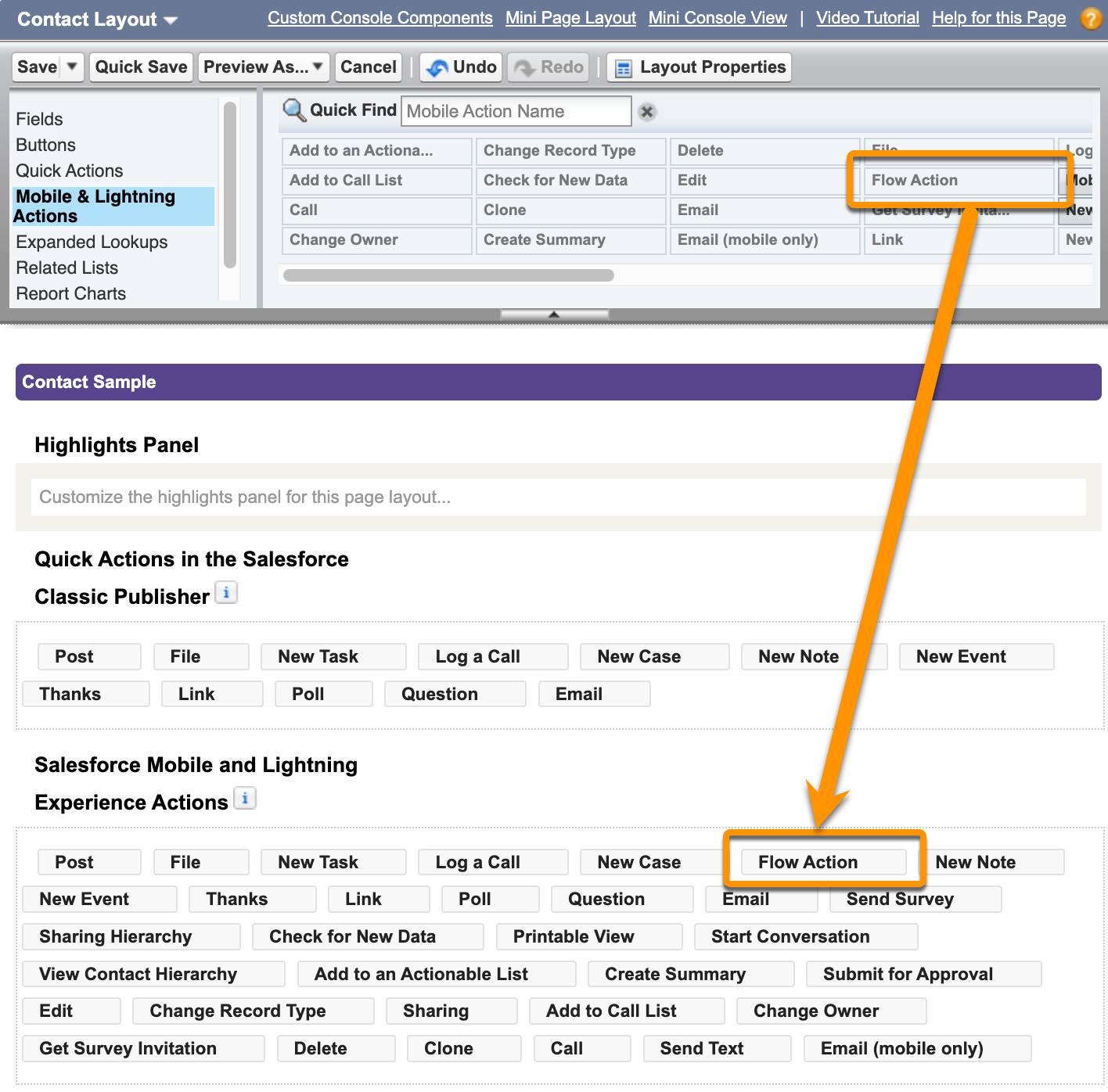 Arrastre de la acción de flujo a la sección Salesforce Mobile and Lightning Experience Actions (Acciones de la aplicación móvil Salesforce y Lightning Experience).