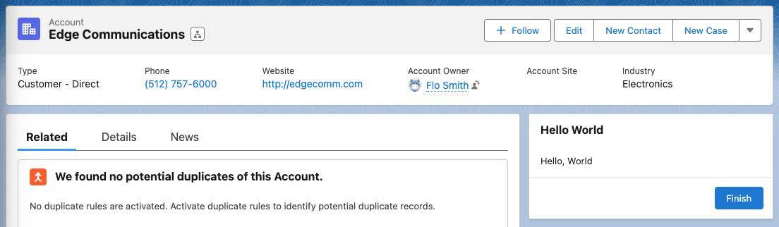 Der auf einer Account-Datensatzseite angezeigte Flow 'Hello World'.