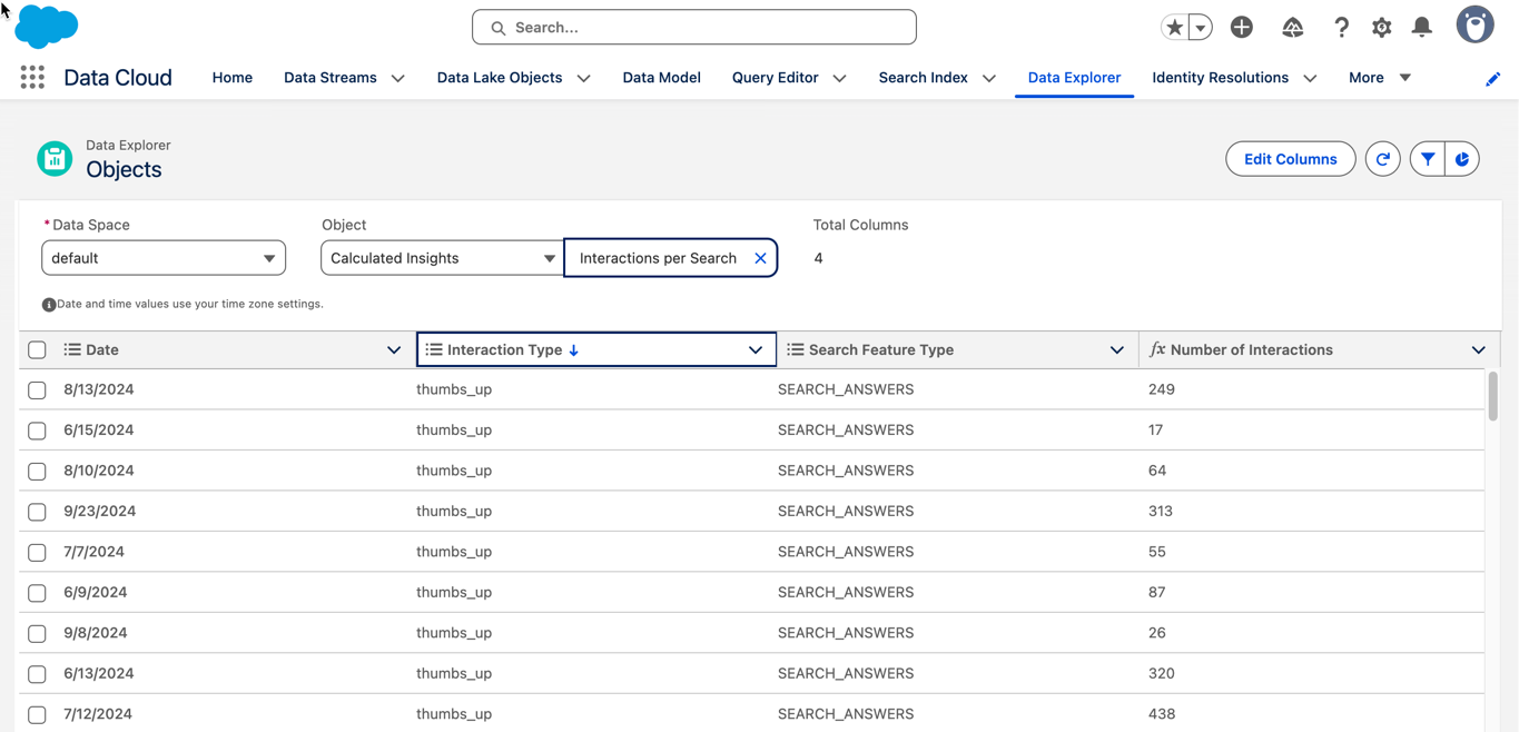 Data 360 Data Explorer view showing the metrics aggregated for Search Answers. A calculated insights object called Interactions per Search Feature gathers the metrics on interaction type such as thumbs_up or thumbs_down.