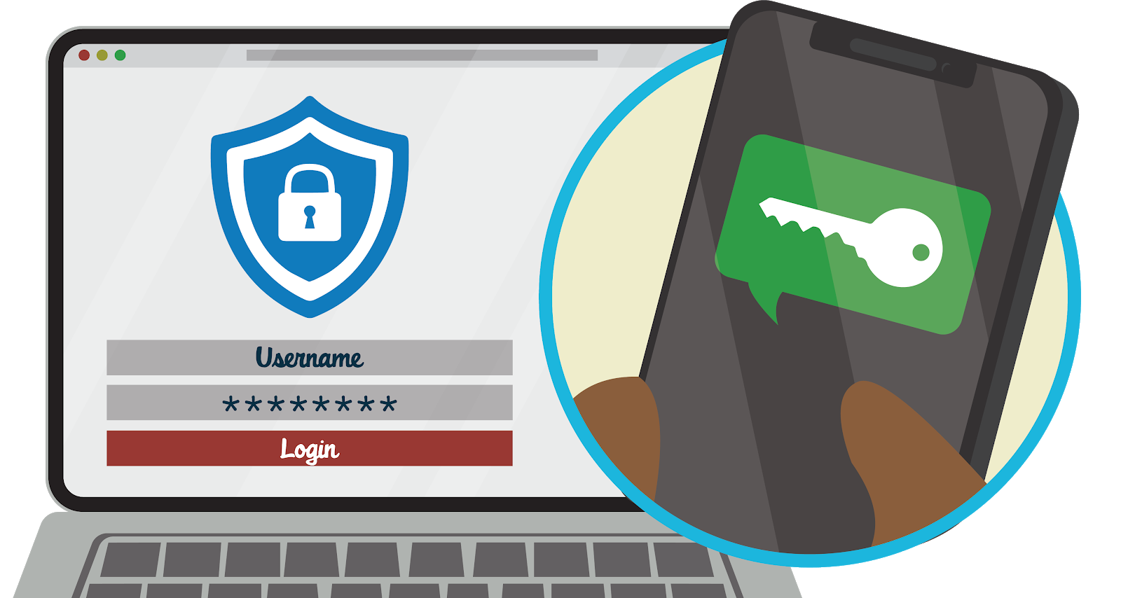 ログインページが表示されているラップトップ。(円の中) 電話で 2FA ログインを実行する鍵のアイコンを押している手。