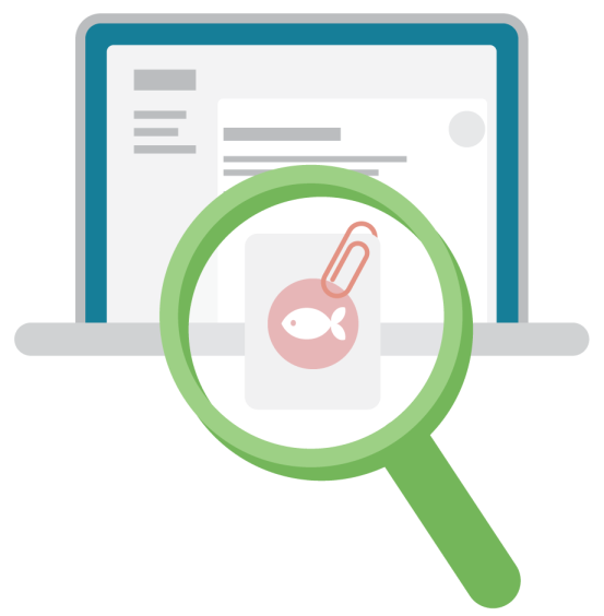 A magnifying glass identifies a risky phishing email.