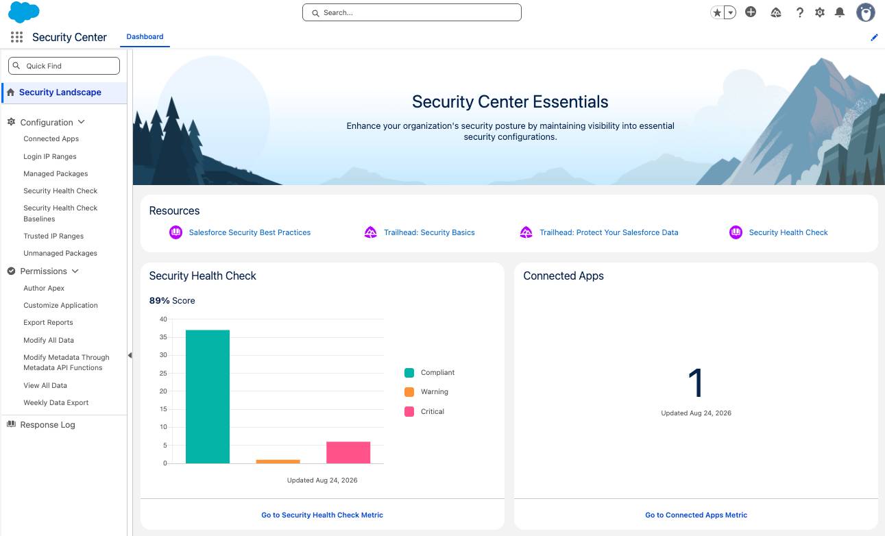 Security Center Essentials dashboard with the Security Landscape view shows a Security Health Check score of 89% and one connected app.