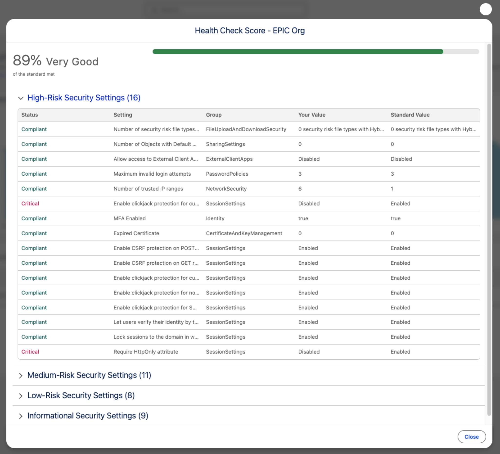 Security Center Essentials Health Check Score detail page shows a score of 89% and lists 16 high-risk security settings.