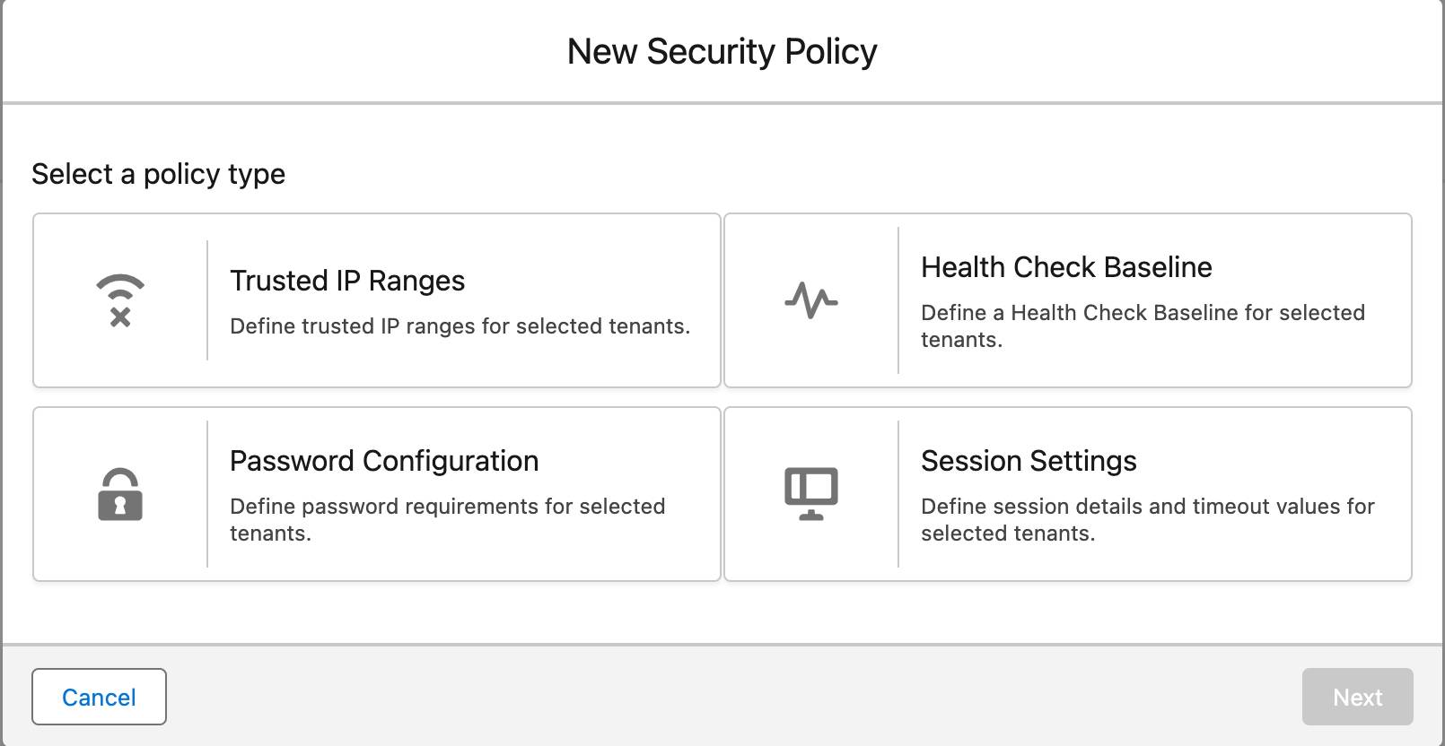 Security Policy Modal showing Security Policy options available to be deployed from Security Center.