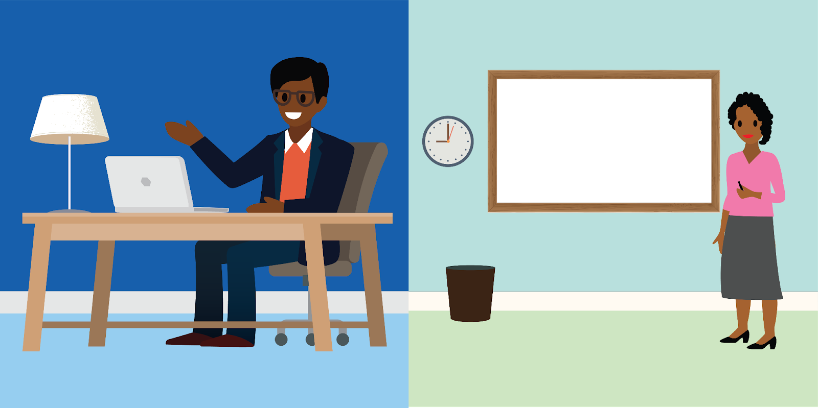 A person sitting at a desk with a laptop next to a scene of a person standing at a whiteboard.