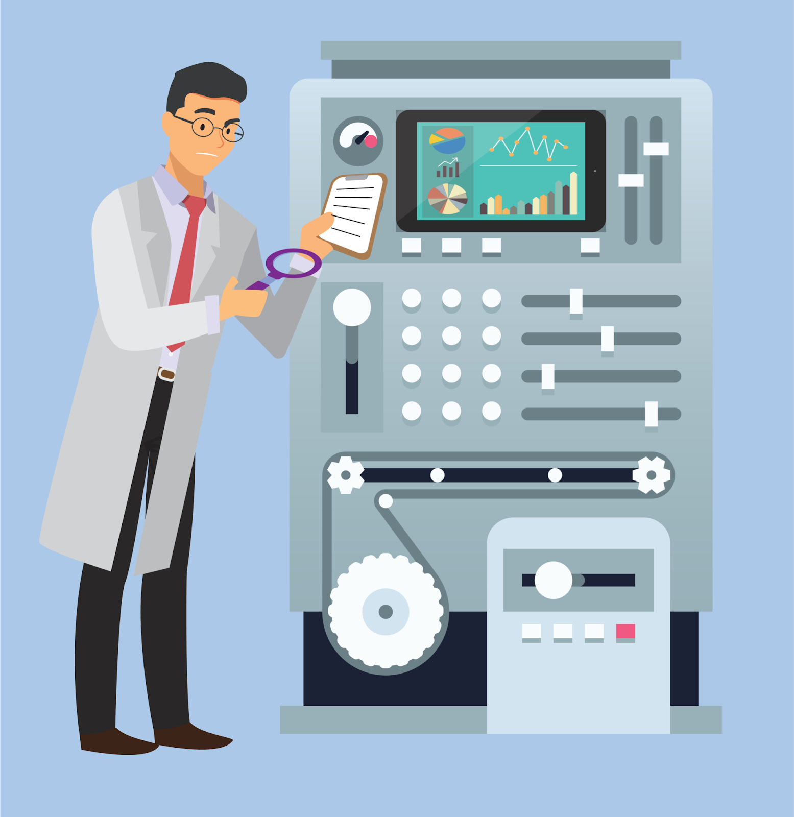A figure in a white lab coat holding a checklist while standing in front of a computer monitor with a large magnifying glass identifying potential threats on the screen.