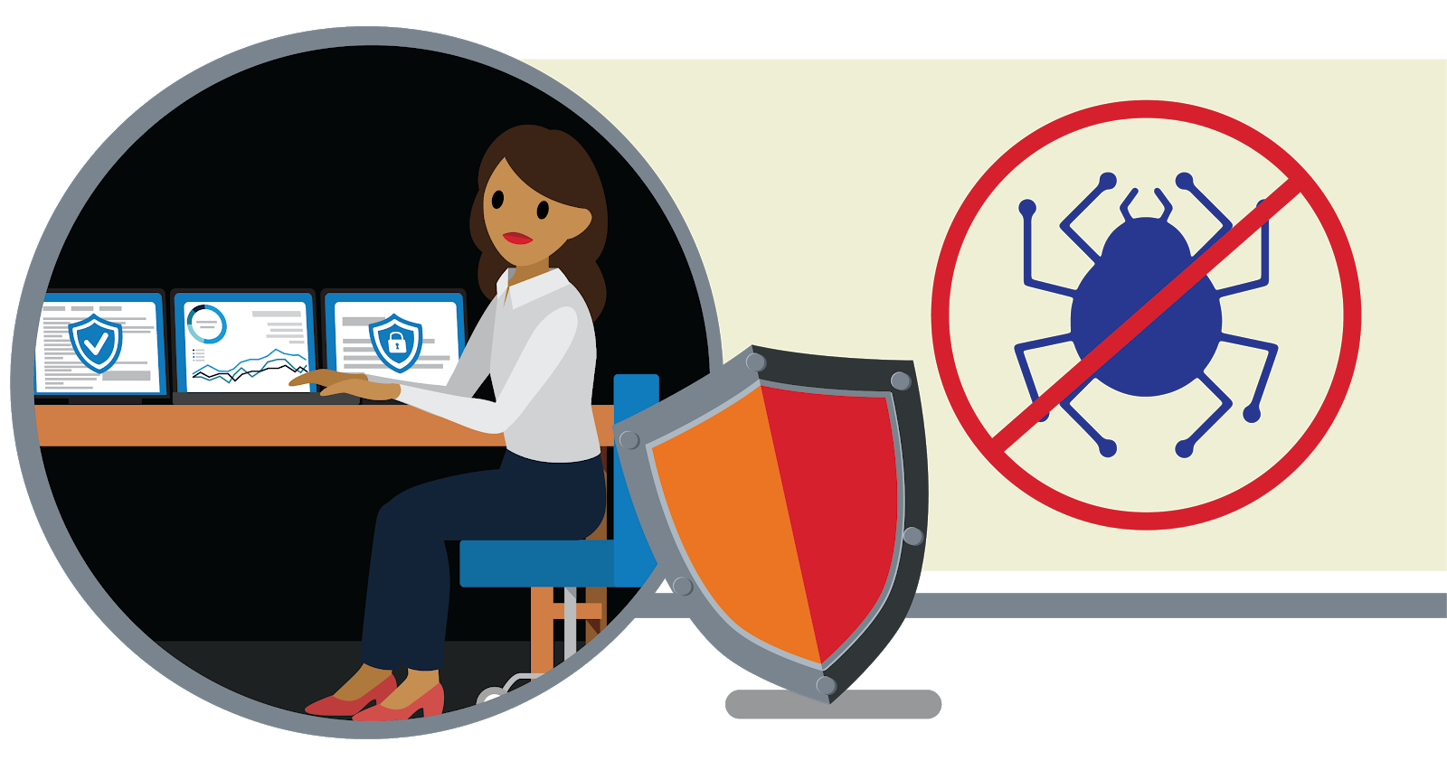 A security operations engineer working on computers with a shield behind her and a crossed-out bug showing that she is protecting the system by hardening it from bugs.